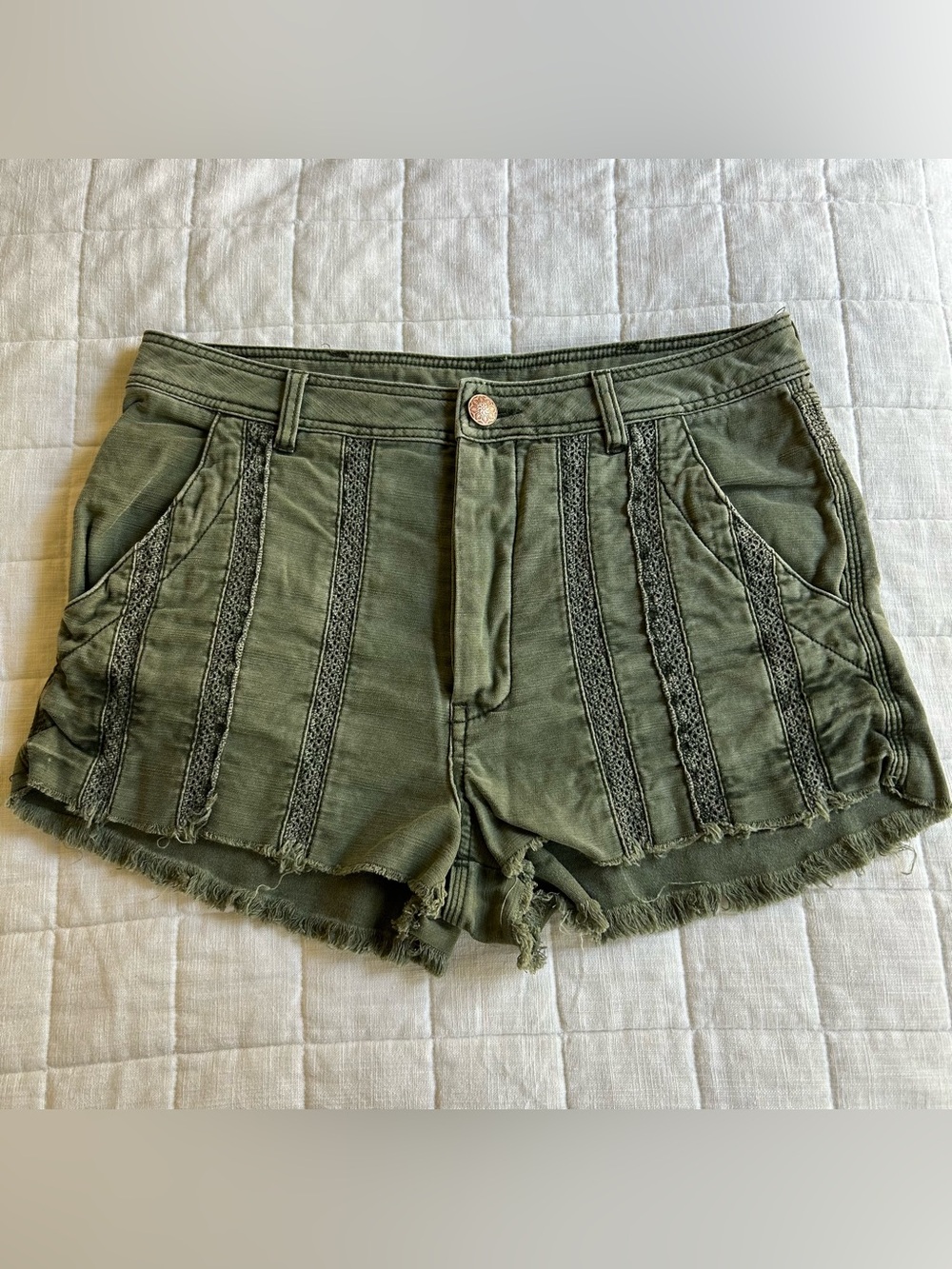 Free People Olive Green Frayed Hem Denim Shorts